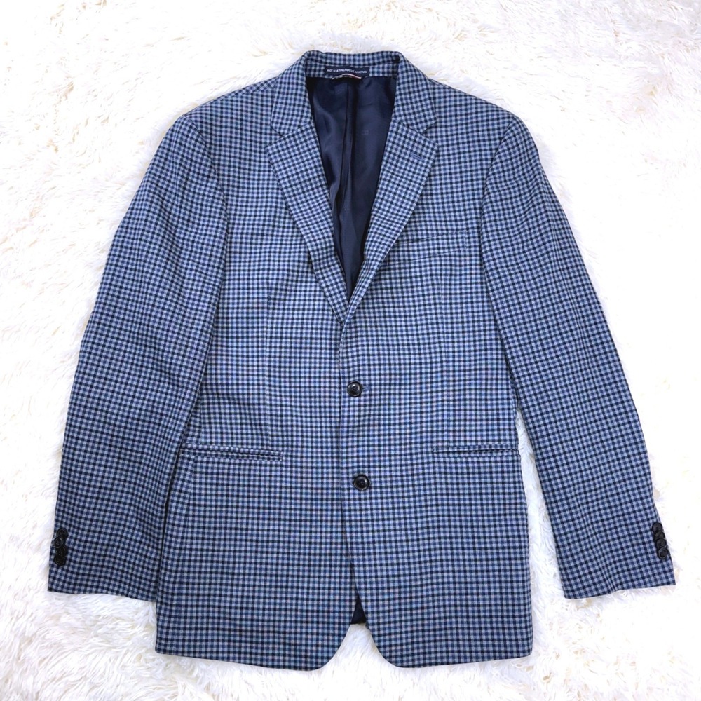 Tommy Hilfiger Blazer Men 40R Blue Grey Gingham Check Two Button Sport Coat